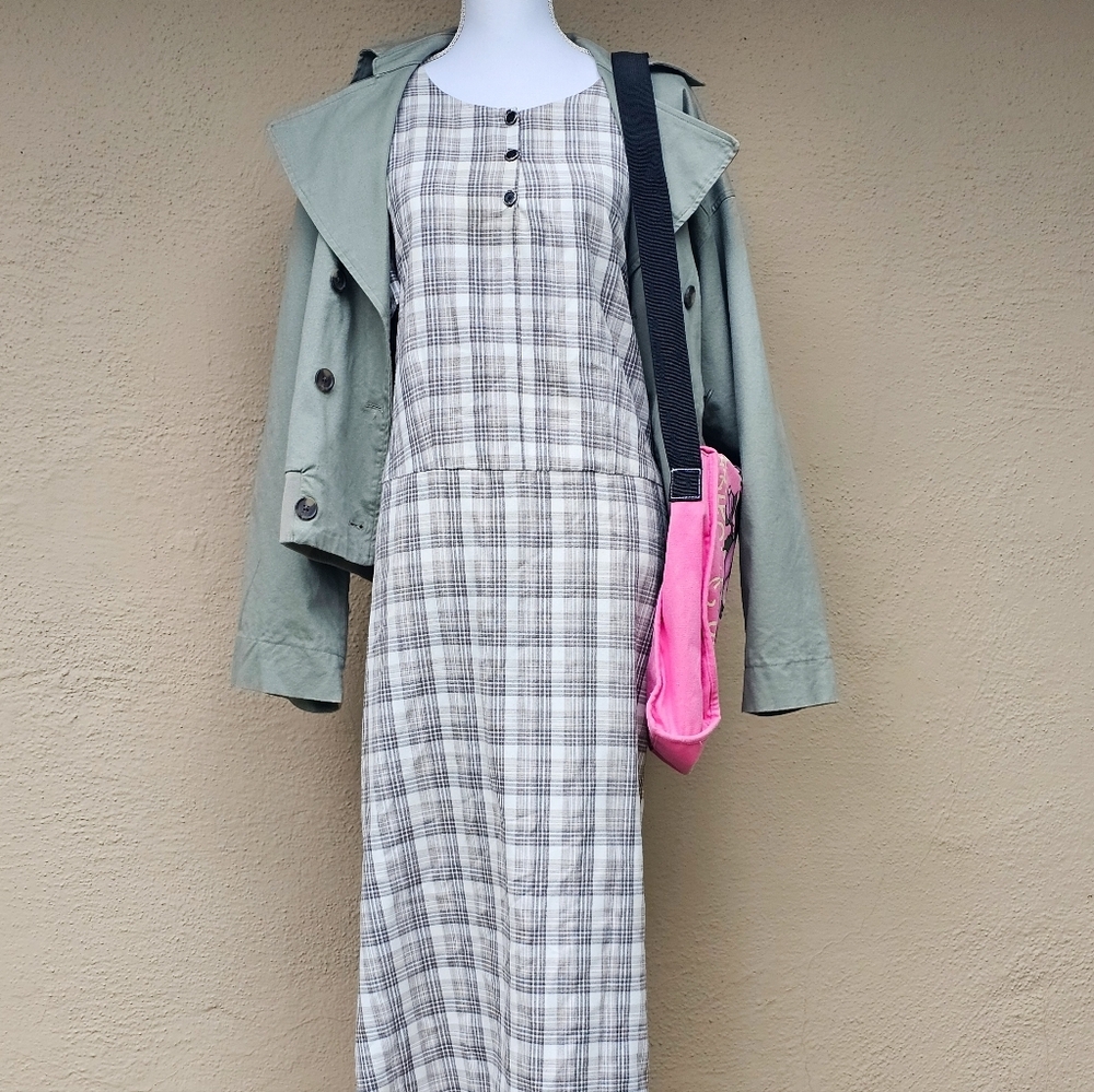 Plaid Boat Neckline Taupe and Grey Checkered Straight Midi Dress Plus Size 3X